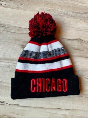 Chicago adult Pom Beanie Hat in Black, White & Red
